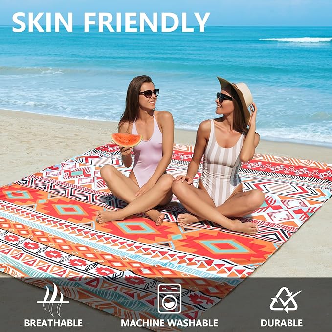 Beach Blanket Sandproof Extra Large Beach Mat Adults Waterproof Quick Drying Sand Free Mat Made by Premium Polyester with 4 Stakes & 4 Corner Pockets for Outdoor Travel Camping Hiking