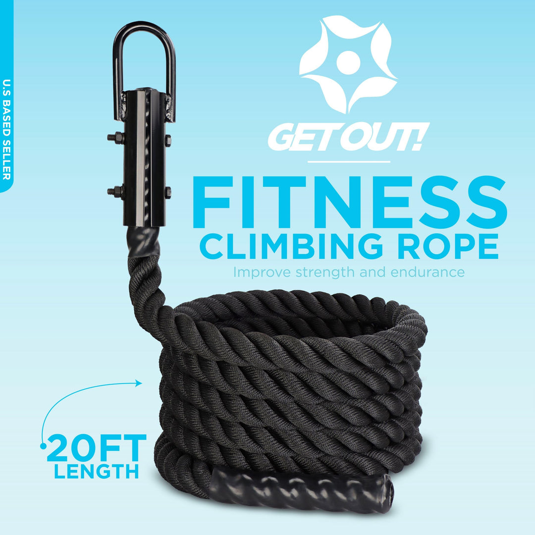 Get Out!™ Workout Fitness Climbing Rope 20’ Foot x 1.5” Inch in Black – Battle Rope for Outdoor and Indoor Gym Exercise