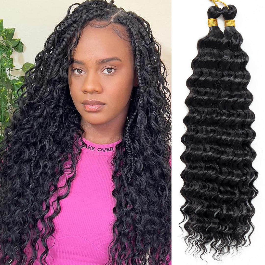 Eerya Long Curly Braiding Hair 30 Inch 2 Packs Ocean Wave Crochet Hair for Black Women Deep Wave Braiding Hair for Boho Braids (30 inch, 1B)