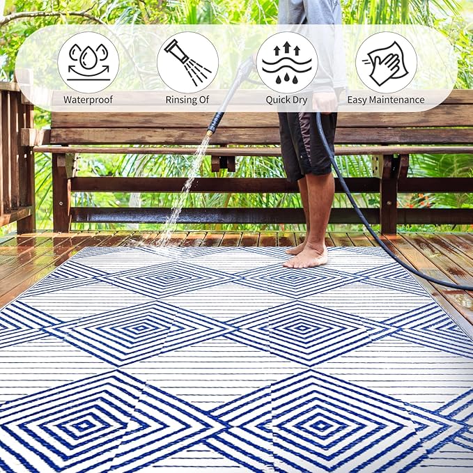 Waterproof Outdoor Rug 5x8ft, Foldable Reversible Plastic Straw Mat for Patio RV Deck Porch Backyard Balcony Camping Picnic Beach Indoor Outdoor Carpet, Blue&White