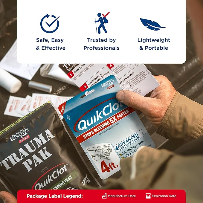 Adventure Medical Kits QuikClot Gauze - for Emergency Survival Kit, Doomsday Prepping Supplies & More - Stops Bleeding Fast with Kaolin - Flexible Hemostatic Medical Gauze - 3" x 24" (2 Strips)