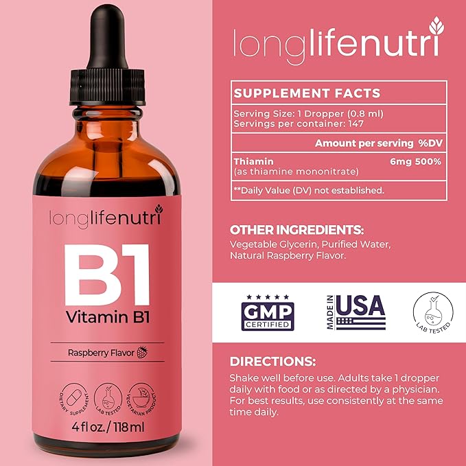 Vitamin B1 Liquid Drops - Thiamine Mononitrate Organic Supplement for Energy and Nerve Health, Fast Absorption, 4 FL OZ, 5-Month Supply, Lab Tested, Made in USA