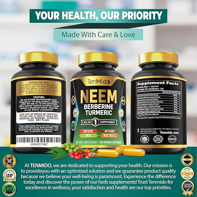 Neem Leaf Supplement - 8in1 Formula - Combine with Berberine, Turmeric, Holy Basil, Amla, Artichoke, Milk Thistle, and Black Pepper - Immune Support - 120 Capsules for 4 Months Supply