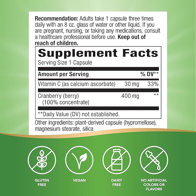 Nature's Way Premium Blend Cranberry, Urinary Tract Health Support*, with 100% Cranberry Concentrate, 400 mg Per Serving, 60 Capsules (Packaging May Vary)