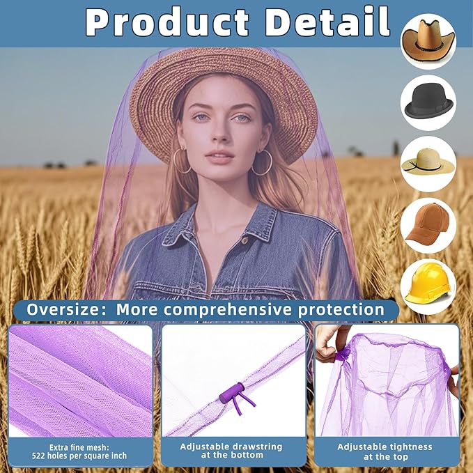 2 Pack Ultra Large Mosquito Net 42x25 Inches Mosquito Head Net Oversized Insect Netting Bug Fits Most Hats for Gardening Hiking Fishing Traveling(Light Purple)