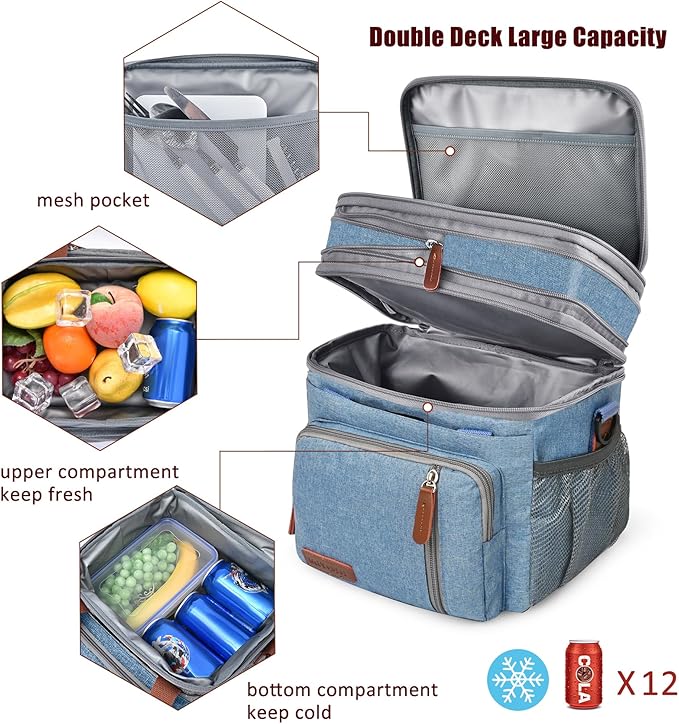 MIYCOO Lunch Bag for Women Men Double Deck Lunch Box - Leakproof Insulated Soft Large Lunch Cooler Bag, (Blue,15L)