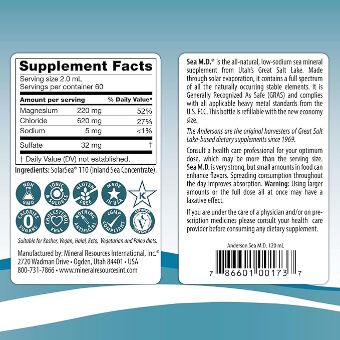 Anderson Sea M.D. Concentrated Trace Mineral Drops, Ionic Electrolyte Magnesium Supplement, Aids in Muscle Cramps, Joint Health, Liquid Magnesium, Easy to Take, 4 fl oz, 60 Servings