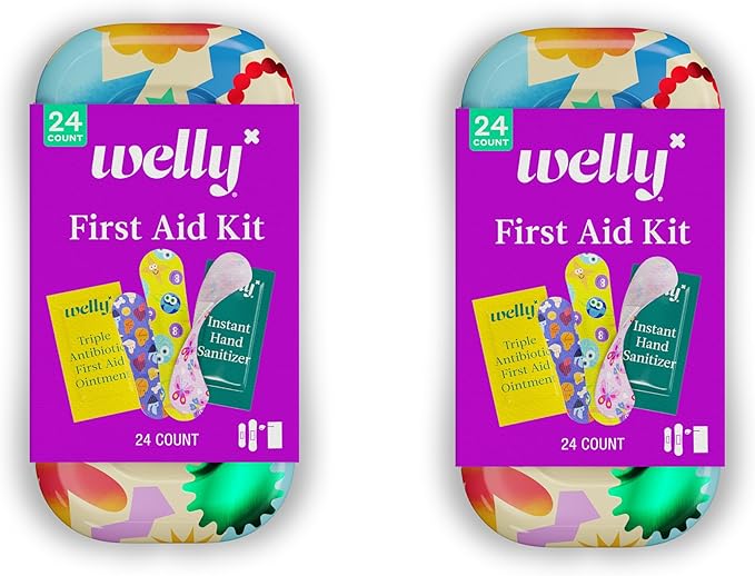 Welly Quick Fix, On The Go First Aid Kit, Assorted Bandages, Ointments, and Hand Sanitizer, Three Color Bandages - 2 Pack