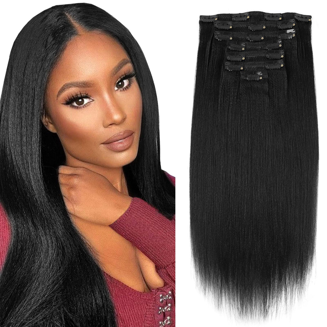Sassina Light Yaki Straight Clip in Hair Extensions Human Hair Double Wefts Clip in Extensions for African American Black Women 120 Grams Jet Black 16 Inch 7Pcs