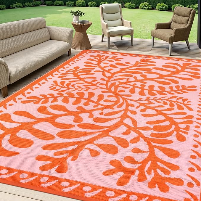 Anidaroel 8x10 Outdoor Rug for Patios Clearance, Waterproof Camping Rug for Outside RV, Reversible Plastic Straw Outside Rugs, Large Outdoor Area Rug for Garden, Camper, Pool Deck(Orange,8’x10’)