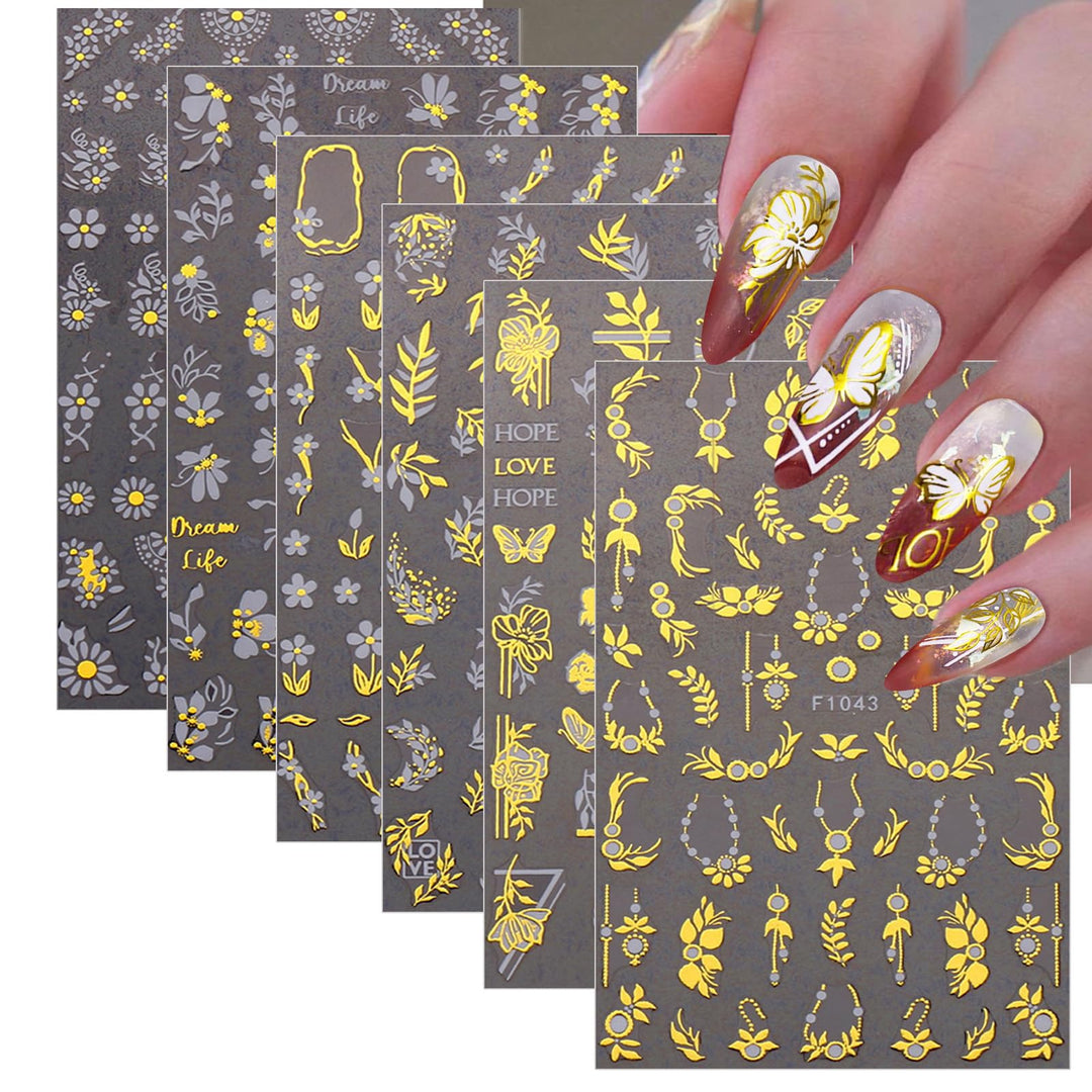 FJSMTOPl 8 Sheets Gold Nail Stickers Flower Nail Decals 3D Self Adhesive Leaf Nail Art Stickers Spring Nail Designs Nail Art Supplies for Women Nail Manicure Decorations, Style8