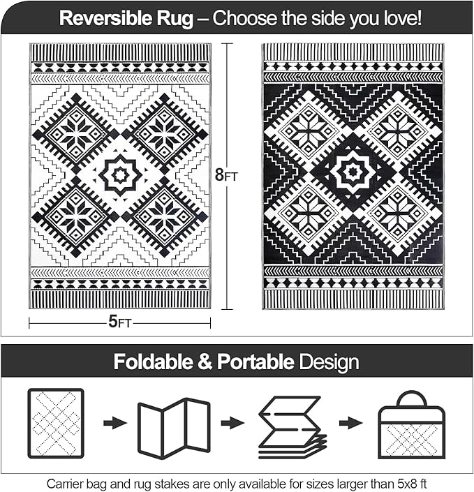 Waterproof Outdoor Rug 5x8ft, Boho Reversible Plastic Straw Mat for Patio RV Deck Porch Backyard Balcony Camping Picnic Beach Indoor Outdoor Carpet, Black&White