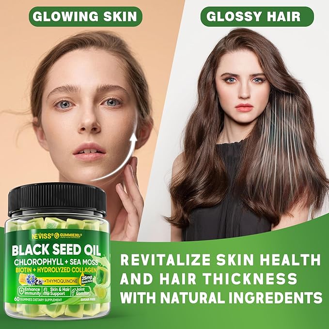 NEVISS Black Seed Oil Gummies, Chlorophyll & Sea Moss Supplement 500mg Ashwagandha Gummies 2000mg