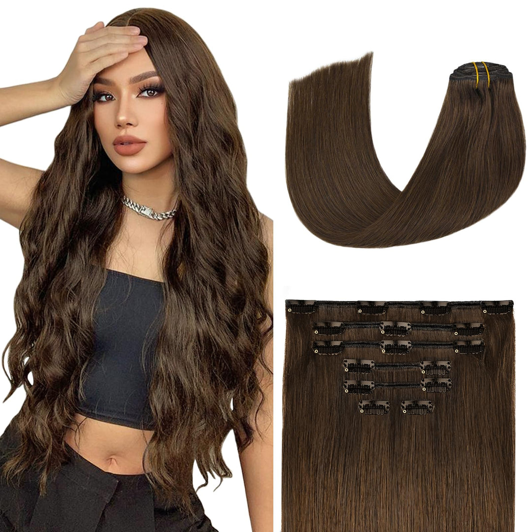 Aison Medium Brown Clip In Hair Extensions Real Human Hair 85G 100% Remy Human Hair Clip In Extensions Soft Silky Straight 7Pcs