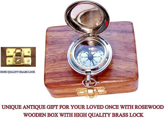 Brass Nautical Compass with Wooden Case - Antique Brass & Copper Sun Clock for Camping, Hiking, Touring - Engraved Gift for Him - Nautical Clock - Compass Gift