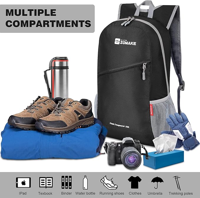ZOMAKE Lightweight Packable Backpack 20L, Foldable Backpacks Small Daypack for Hiking Water Resistant Day Bag for Travel