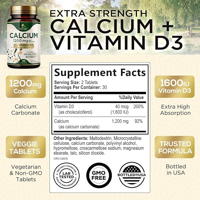 Calcium 1200 mg with Vitamin D3, Calcium Supplement Vitamins, Supports Bone Strength, Teeth & Immune System, Calcium Supplements for Women & Men, Nature's Absorbable Calcium Carbonate - 60 Tablets