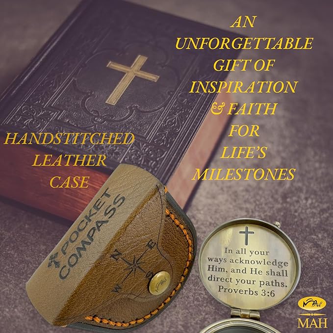 Handmade Religious Compass – “God is with You” Engraved Working Brass Gift – Christian Baptism, Confirmation, Christening or First Communion Keepsake for Boys, Teens & Men – Guided by Faith