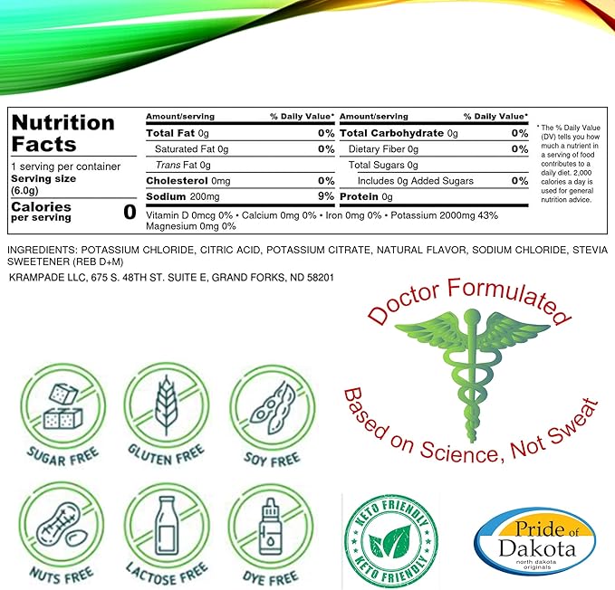 Electrolytes Powder Potassium Supplement - 2000 mg K+, >2X More Than Coconut Water | Cramp Relief and Prevention | Hydration Powder Packets