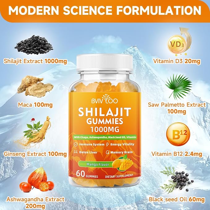 2 Packs Shilajit Gummies 1000mg Sugar Free - Pure Himalayan Shilajit Supplement for Men & Women - High in 85+ Trace Minerals & Fulvic Acid - Energy, Brain, Immunity - 120 Gummies