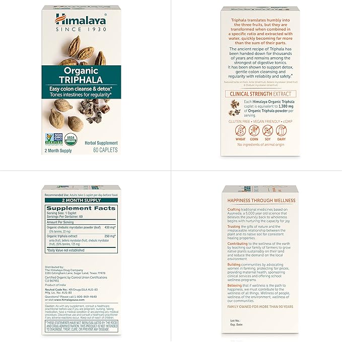Himalaya Organic Triphala, 2 Month Supply, for Colon Cleanse, Detox & Occasional Constipation, USDA Certified Organic, Non-GMO, Gluten-Free, Extract & Powder Herbal Supplement, 688 mg, 60 Caplets