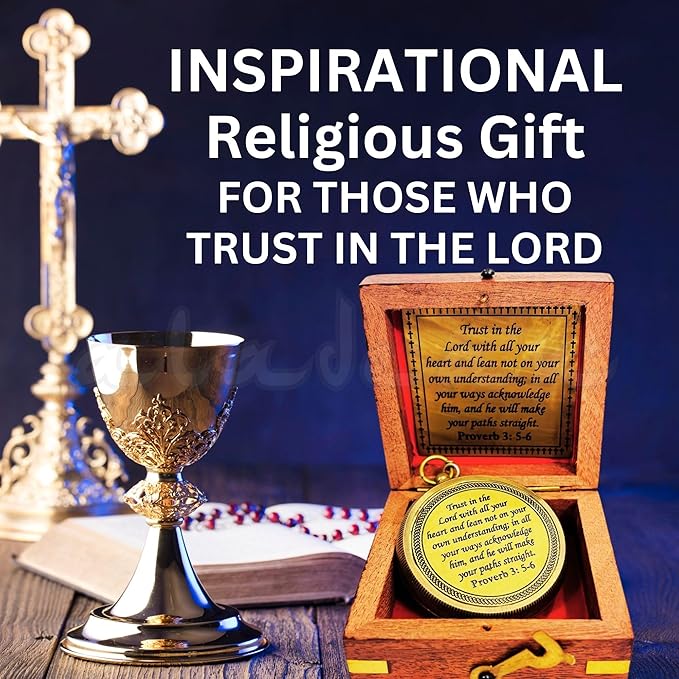 Trust in The Lord - Proverbs 3: 5-6 Engraved Compass, Wood Box Greeting, Inspirational Gift Men, Christian Boys Baptism Gifts, Graduation Day