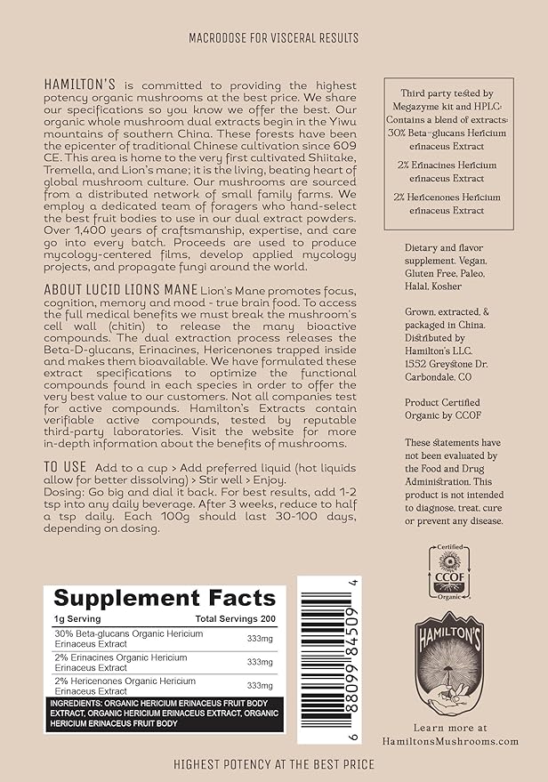 Hamilton’s Lucid Lion’s Mane | Organic Mushroom Extract Powder for Synapse Repair, Nerve Growth Factor, Focus, Memory, and Concentration | High Potency | 30% Beta Glucans | GF, Non-GMO, Vegan (200g)