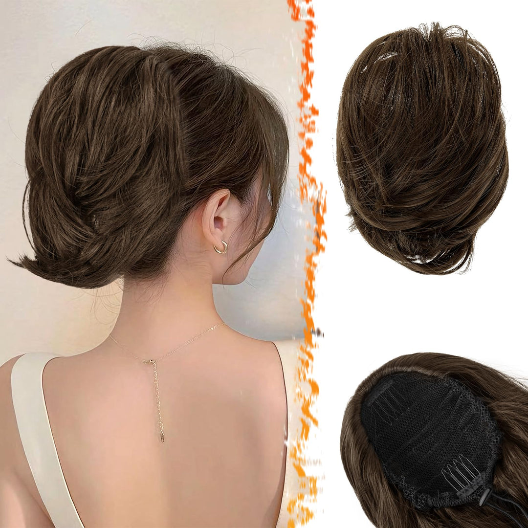 BARSDAR Drawstring Hair Bun Extensions - Straight Brown Hair Bun Extensions for Women - Short Straight Ponytail Hair Bun Synthetic Hair Bun Scrunchies Hairpieces Daily Party - Brown