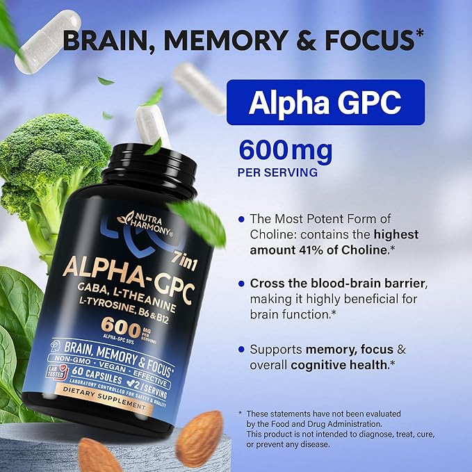 Alpha GPC Supplement with L-Theanine | L-tyrosine | Vitamin B6 & B12 - Alpha GPC 600 mg for Focus, Memory & Energy - Bioactive Choline for Brain & Cognition - for Men & Women - Made in USA - 60 Caps