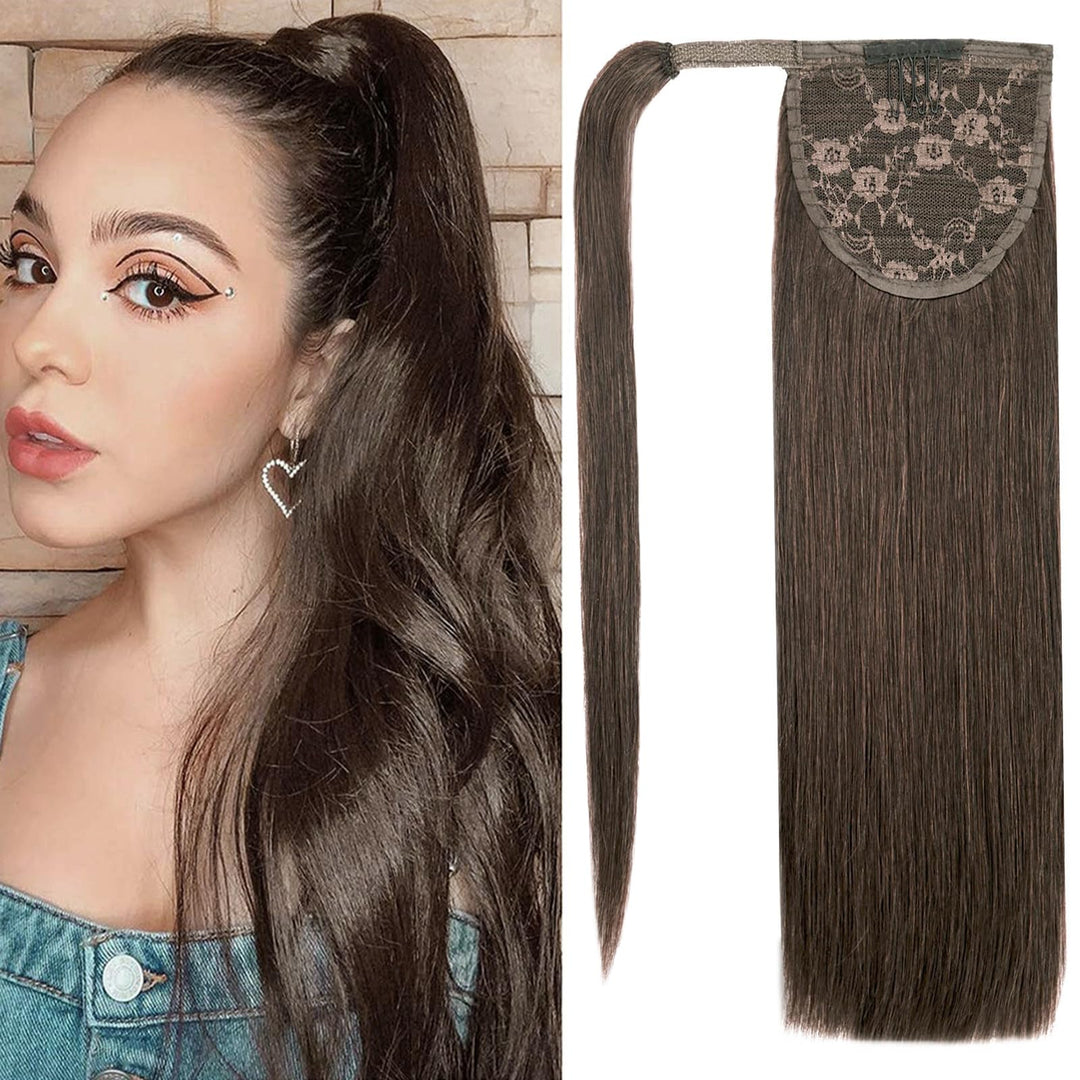 18'' Human Hair Ponytail Extension 85G #2 Dark Brown 100% Remy Human Hair Wrap Around Long Ponytail Clip In Hair Extensions Stra