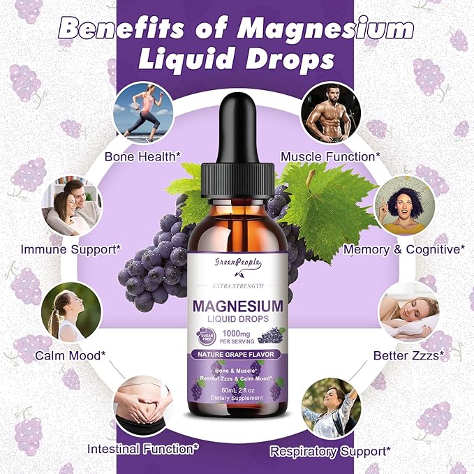 Magnesium Glycinate Liquid Drops - 1000mg 5-in-1 High Absorption Liquid Magnesium Complex with D3/K2/B6 | Fast-Acting, Bone, Muscle & Sleep | Sugar-Free Grape Flavor, 2fl Oz 2 Pack
