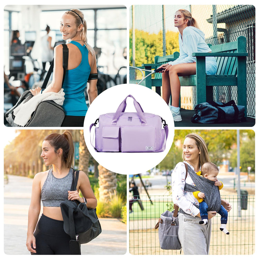 FIORETTO Women's Water-Resistant Gym Duffle Bag with Shoes Compartment, 37L Capacity, Multi-Functional, Ideal for Travel, Gym, Sports, Weekender, Light Purple