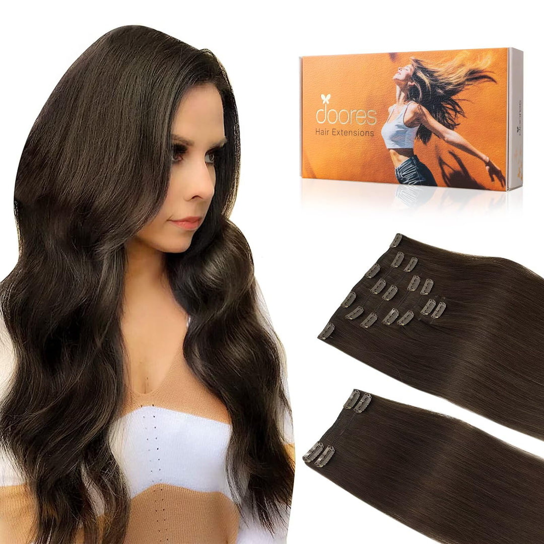 Doores Human Hair Clip In Extensions, Light Dark Brown 16 Inch 150G 9Pcs, Remy Clip In Hair Extensions Clip In Extensions Human