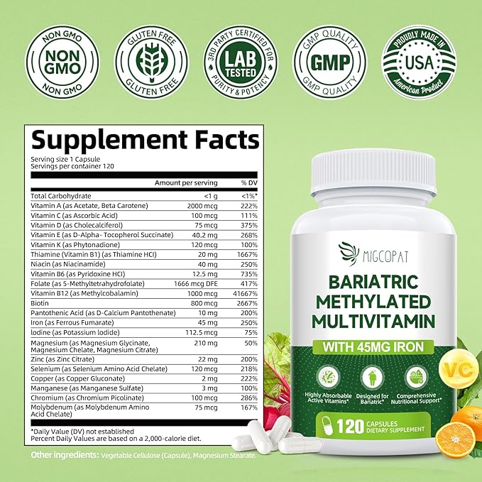 Bariatric Multivitamin with Iron 45mg, Methylated Multivitamin with Vitamin B12 & Methylfolate, Post Surgery Vitamins for Gastric Bypass & Sleeve Patients, Iron Supplement for Women & Men - 120 Caps