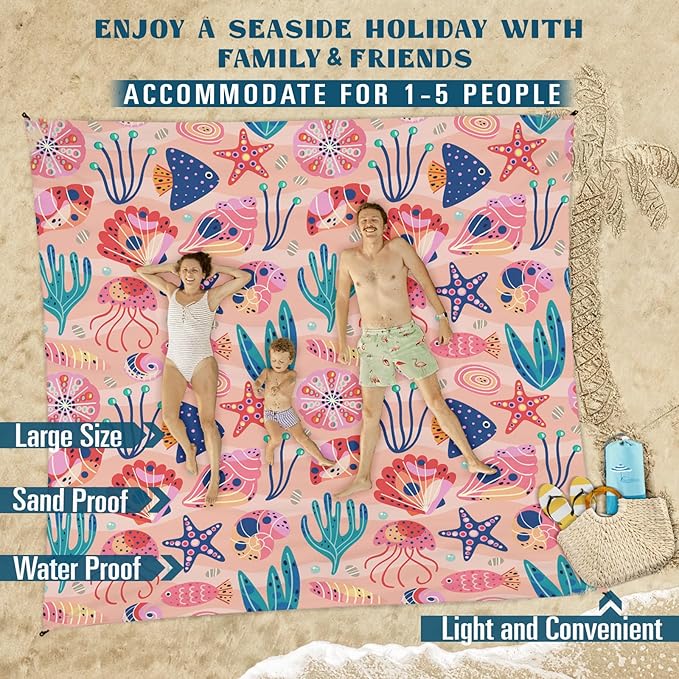 Beach Blanket Sandproof Waterproof 78''×81''1-5Adults Oversized,Compact Lightweight Durable Beach Mat for Travel Camping Hiking Picnic Blanket