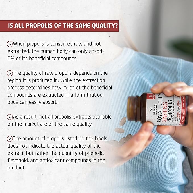 Bee and You Royal Jelly with Ginseng Tablet, Propolis Extract, 60ct, 100% Natural Superfood, Ultra Pure, Immune Support Supplement, Antioxidants, Keto, Paleo, Gluten-Free