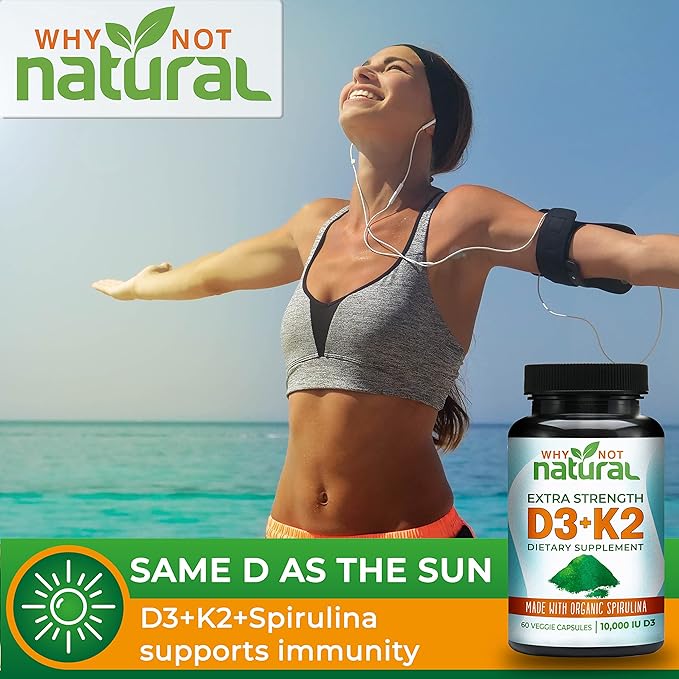 Why Not Natural Vitamin D3 K2 (MK-7) with Organic Spirulina, 10000 IU Extra Strength Supplement in Veggie Capsules, Supports Bone Health, Immune System and Mood