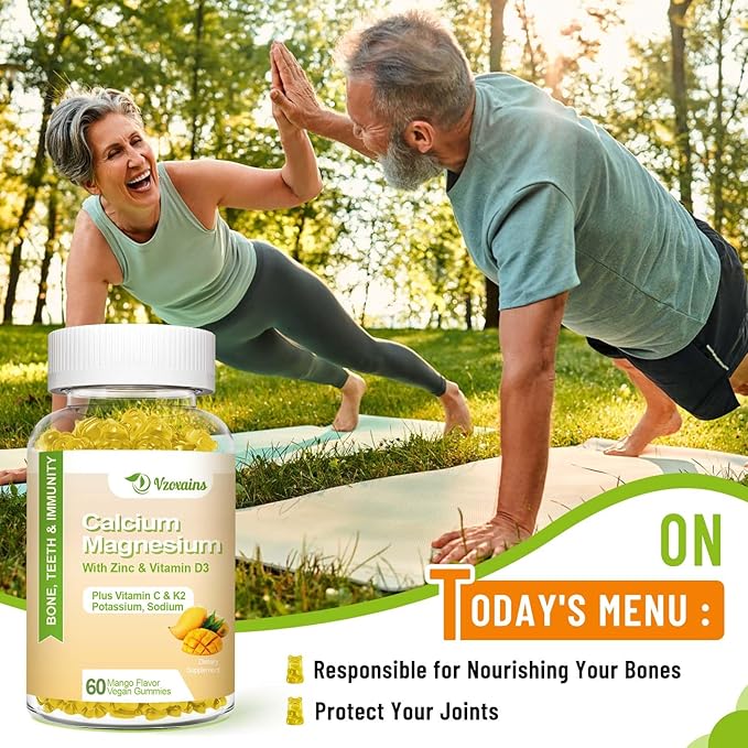 High Absorption Calcium Gummies, Calcium Magnesium Zinc with Magnesium Glycinate, Potassium, Vitamin D3 for Women & Men- Mango Flavor 120 Cts