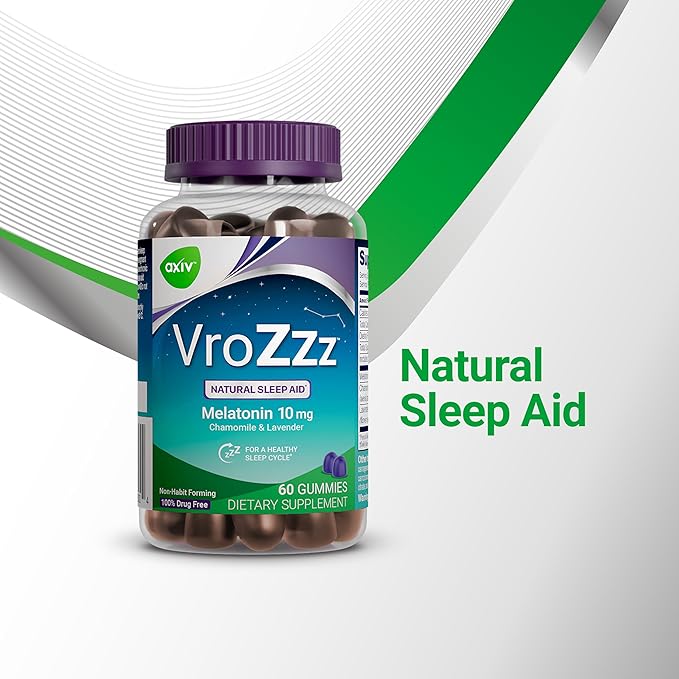 AXIV VroZzz Melatonin Sleep Aid Gummies, 10 mg Melatonin, Helps You Asleep Naturally, Sleep Aid, Occasional Nap Support, Chamomile, Lavender & Valerian Root, 60 Count