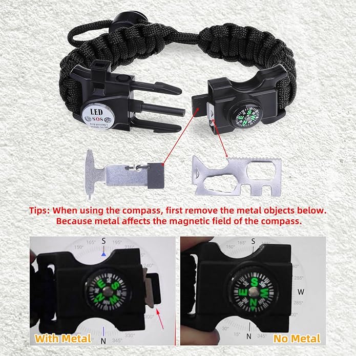 Adjustable Survival Paracord Bracelet, 2 Pack Emergency Fire Starter Kit with Loud Whistle Compass Light Flint Steel for Hiking Fishing Hunting, Tactical Gear Equipment Multitools