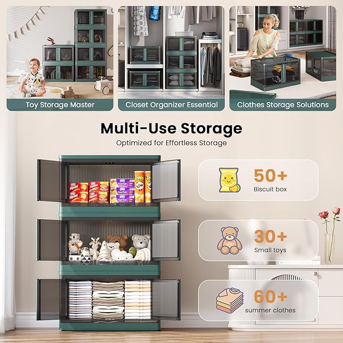 19Gal Collapsible Storage Bins with Lids & Wheels - 4 Pack Stackable with Doors, Heavy-Duty Plastic Containers for Home/Office, Green