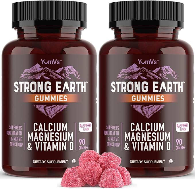 YUM-V'S Strong Earth Calcium, Magnesium, Vitamin D3 Gummies - Vitamin Gummies Calcium Supplement for Strong Bone Health Gummies - Kosher 90 Count (Pack of 2)