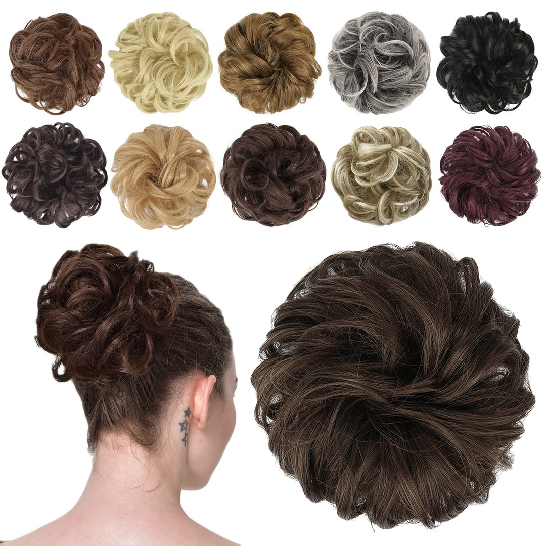 FESHFEN Messy Bun Hair Piece - Elastic Wavy Curly Hair Bun Scrunchies Extensions Synthetic Chignon Hairpieces for Women Girls, Dark Brown & Light Auburn Mixed 1 PCS
