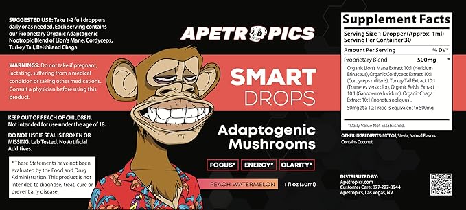 Apetropics Smart Drops - 5-in-One Adaptogenic Mushroom Tincture with Lion’s Mane, Cordyceps, Turkey Tail, Chaga, Reishi - Nootropic Brain Supplement - Peach Watermelon Flavor, 30-Servings (3 Pack)