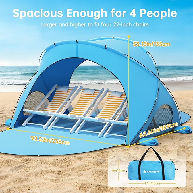 Beach Tent Sun Shelter, Beach Shade Tent with UPF50+ UV Protection, Beach Sun Shelter, Beach Shade with 2 Zippered Doors, Portable Beach Tent for Beach Camping Fishing