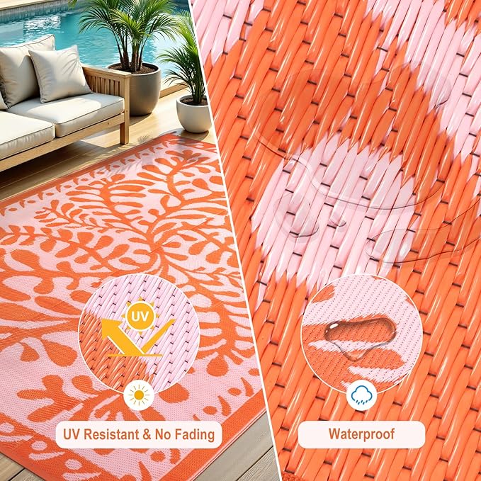 Anidaroel 8x10 Outdoor Rug for Patios Clearance, Waterproof Camping Rug for Outside RV, Reversible Plastic Straw Outside Rugs, Large Outdoor Area Rug for Garden, Camper, Pool Deck(Orange,8’x10’)