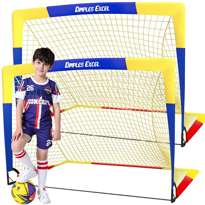 Dimples Excel Soccer Goals Kids Soccer Net for Backyard (4x3.1 FT 2 Set, Blue Yellow)