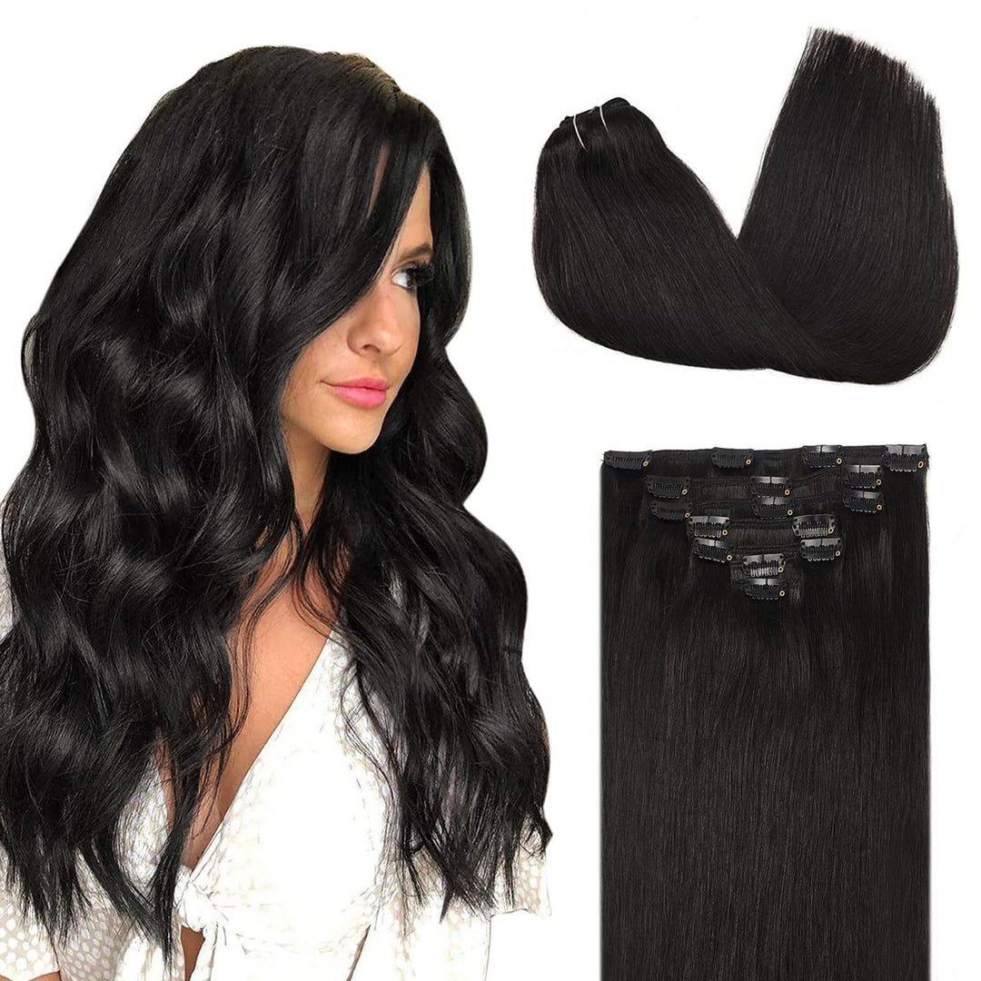 Doores Hair Extensions Clip In Human Hair Natural Black Straight 22 Inch 7Pcs 120G Clip In Human Hair Extensions Natural Hair Ex