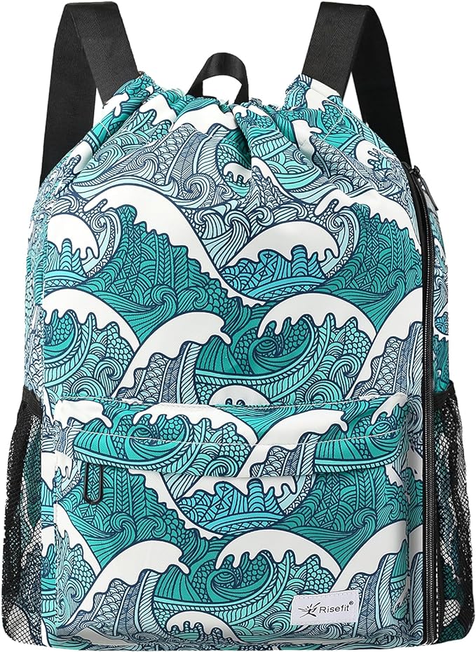 Drawstring Backpack with Mesh Pockets String Gym Bag Sackpack Sandproof Water Resistant Beach Backpack for Men Women