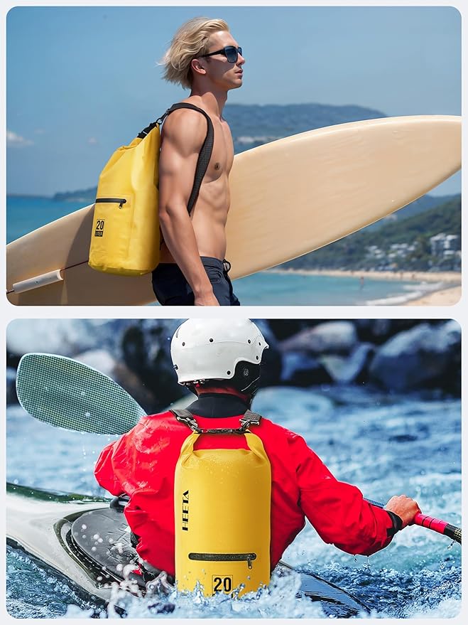 HEETA Waterproof Dry Bag with Phone Case Bundled with Upgraded Dry Bag with Zippered Pocket for Women & Men, Roll Top Lightweight Dry Storage Bag Backpack for Kayaking, Boating, Camping (Yellow 5L)